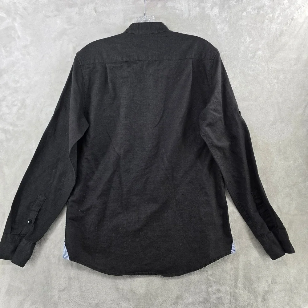 Polo Ralph Lauren Popover Shirt Mens M Black Linen Cotton Band Collar Long Slev